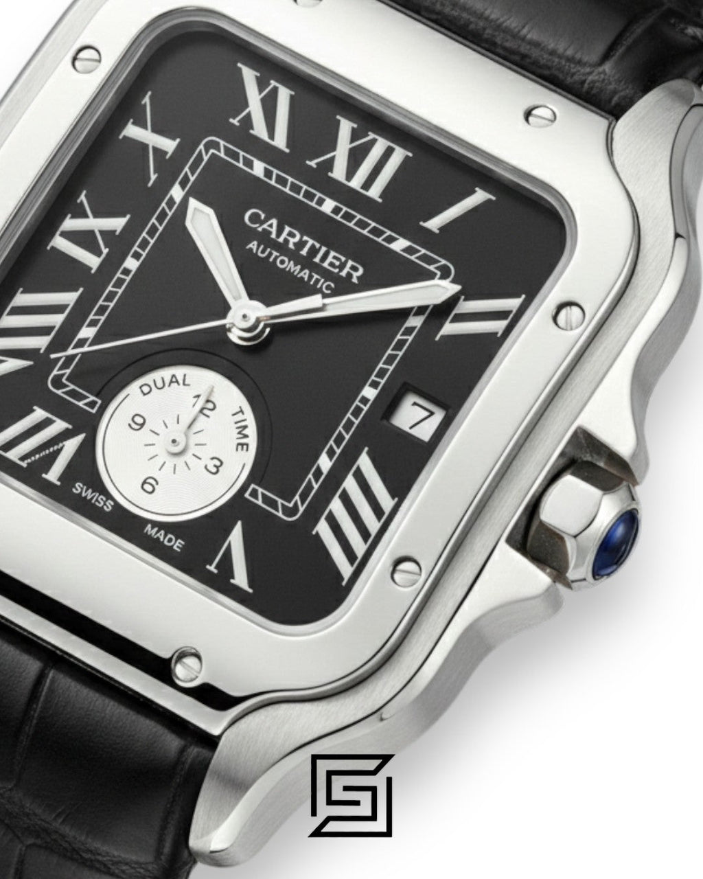 Cartier Santos 3241983 Automatic Dual Time Black Roman Dial Black Leather - 47mm