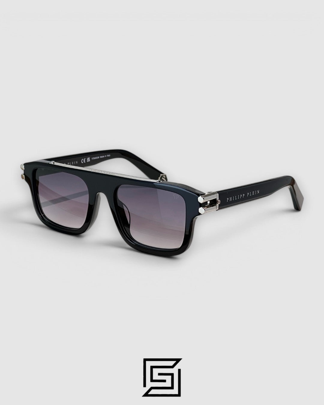نظارة شمسية Philipp Plein LIGHT FIGHTER VPP021 بإطار أسود وعدسات سوداء وتفاصيل فضية