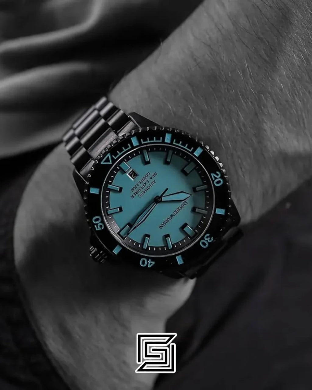 Emporio Armani AR60084 Black Stainless Steel Automatic Blue Dial Dive Watch 43mm