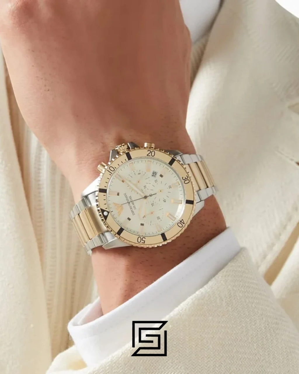 Emporio Armani AR11606 Two-Tone Gold and Silver Case 43mm Chronograph Watch with Cream Dial