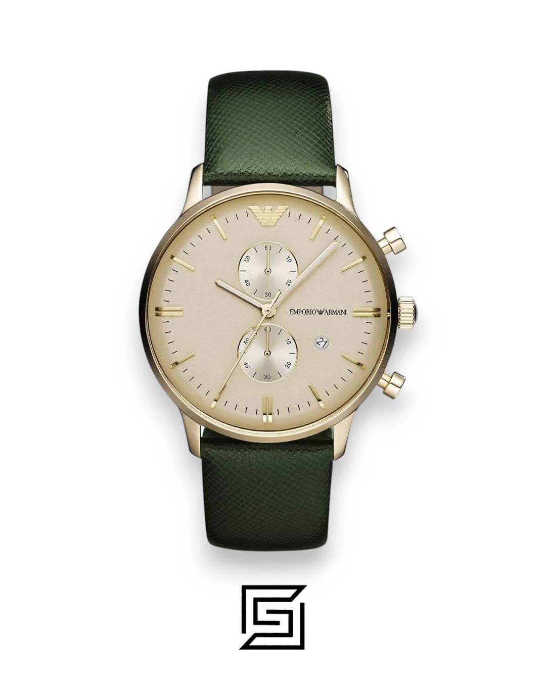 Emporio Armani AR1722 Gold Tone Chronograph Watch with Champagne Dial and Green Leather Strap