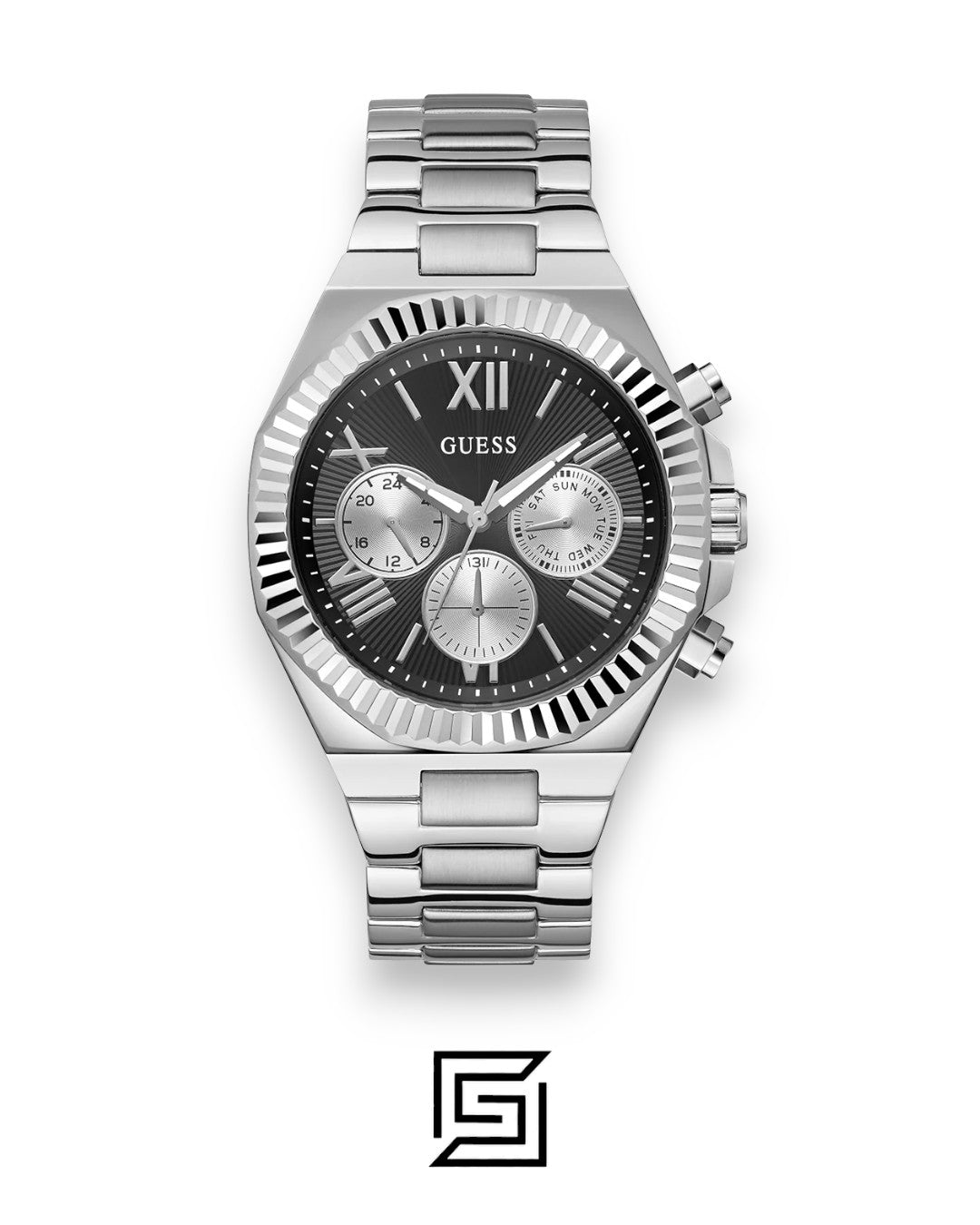 ساعة يد للرجال من Guess طراز GW0703G1 من الفولاذ المقاوم للصدأ باللون الفضي مع مينا سوداء