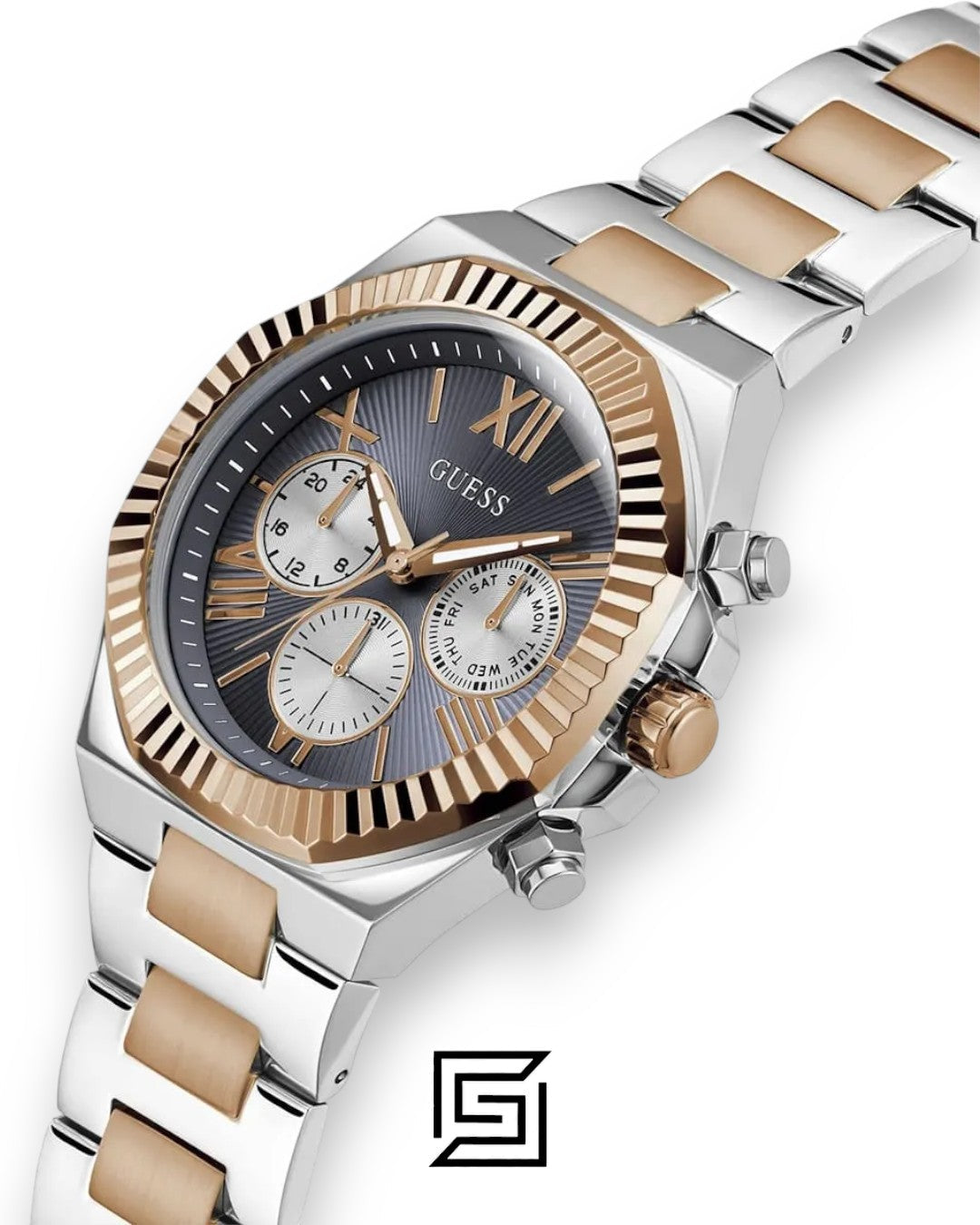 ساعة كرونوغراف للرجال Guess GW0703G4 من الفولاذ المقاوم للصدأ بلونين مع مينا رمادي