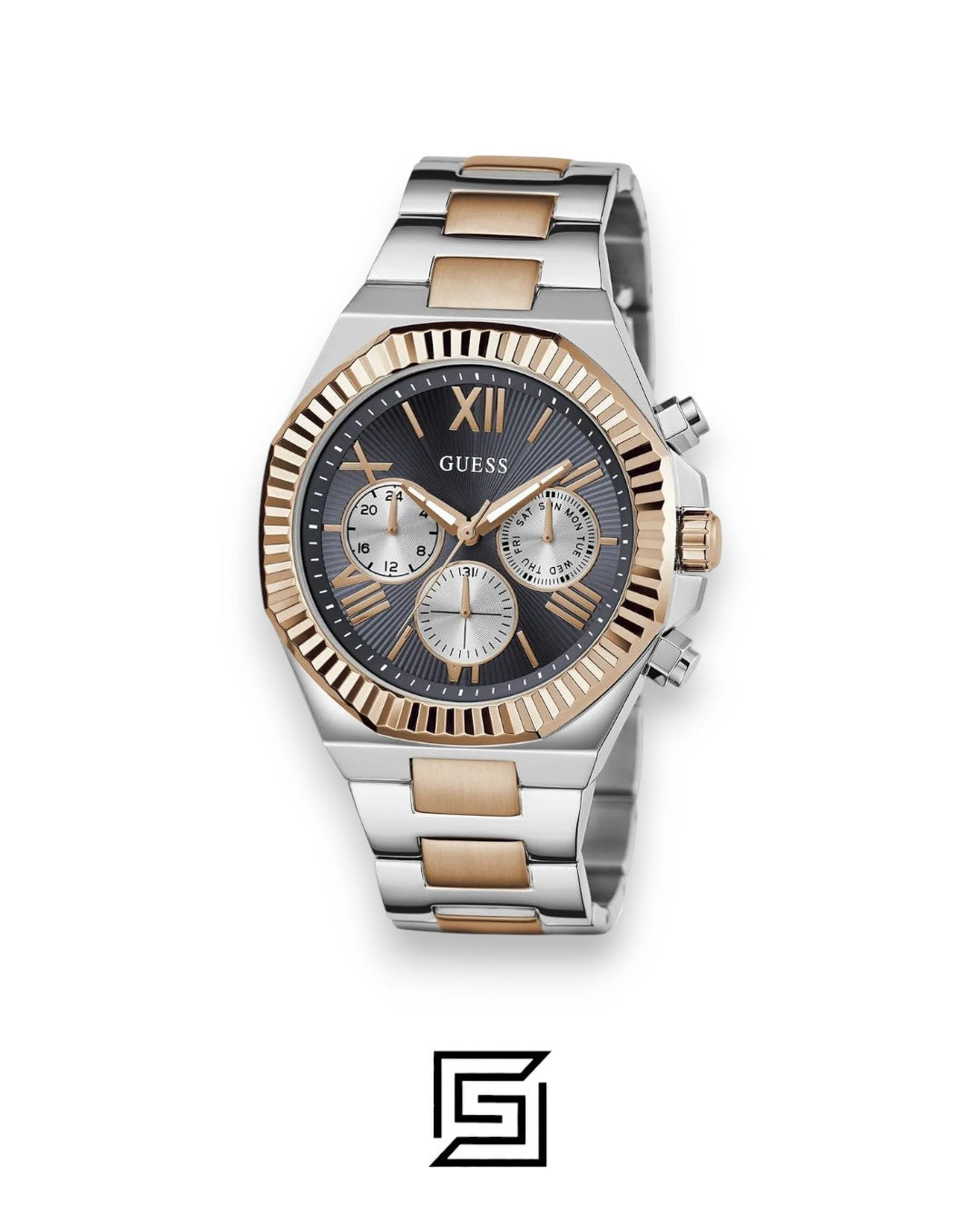 ساعة كرونوغراف للرجال Guess GW0703G4 من الفولاذ المقاوم للصدأ بلونين مع مينا رمادي