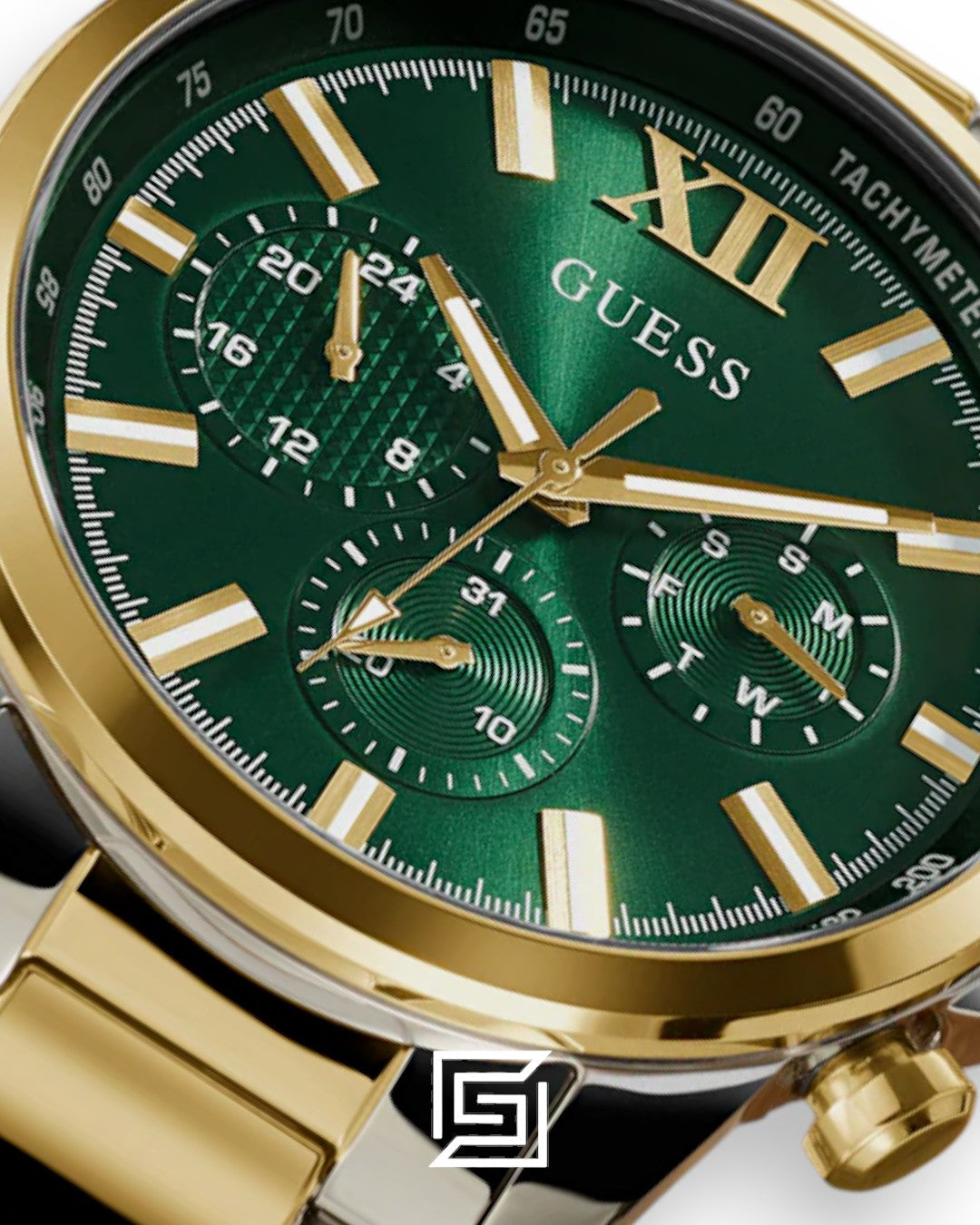 ساعة كرونوغراف رجالية من Guess طراز GW0900G5 من الستانلس ستيل وبلون ذهبي مع مينا أخضر