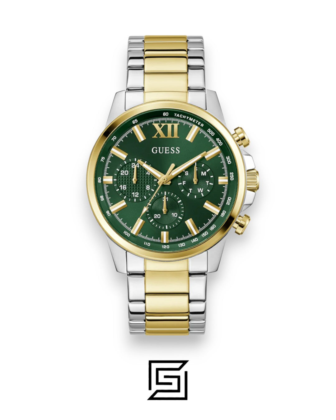 ساعة كرونوغراف رجالية من Guess طراز GW0900G5 من الستانلس ستيل وبلون ذهبي مع مينا أخضر