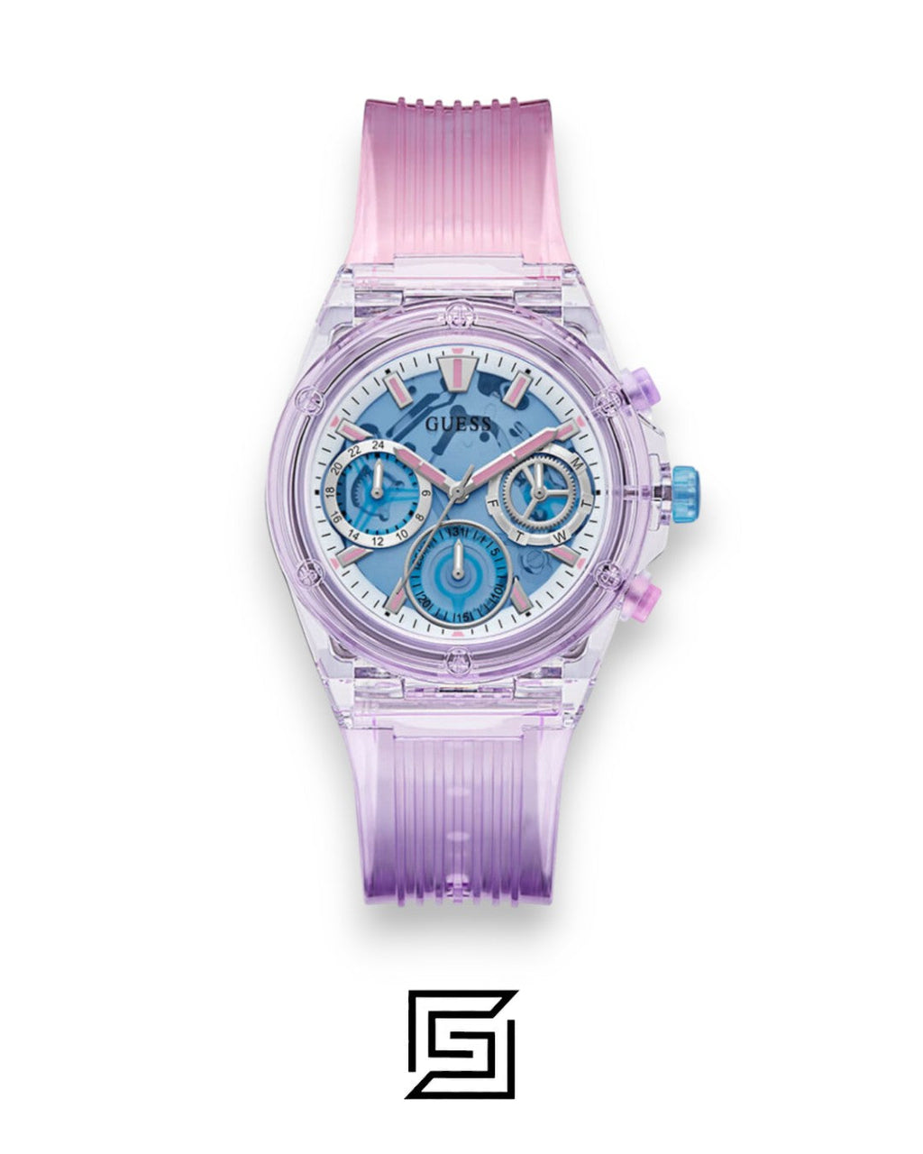 ساعة يد حريمي Guess GW0438L6 بهيكل شفاف أرجواني ومينا أزرق