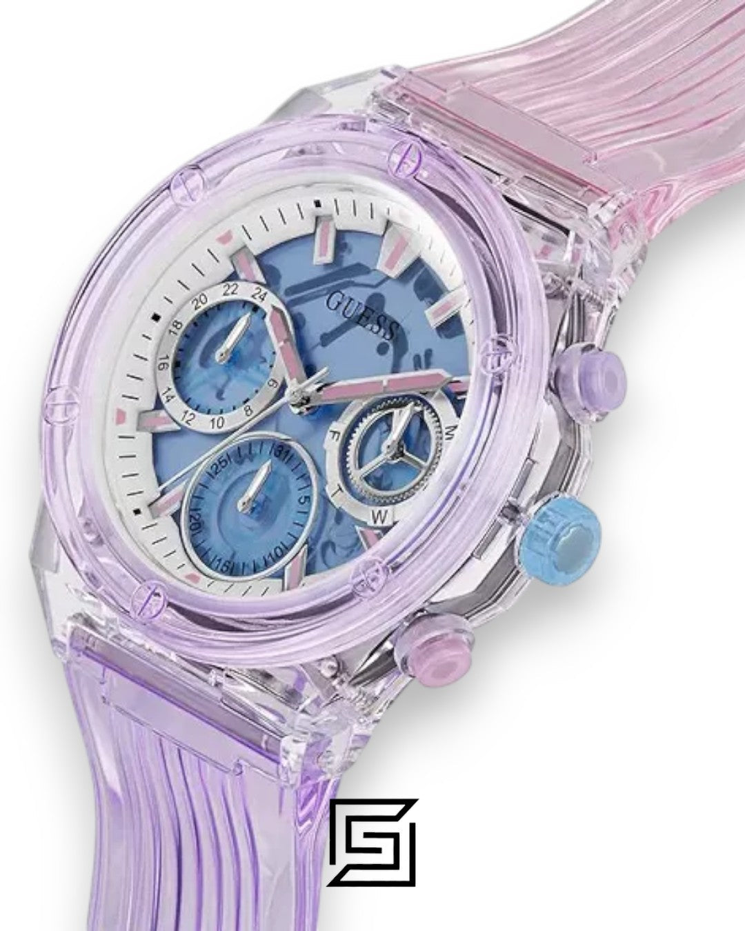 Guess GW0438L6 Women's Transparent Purple Case Blue Dial Watch