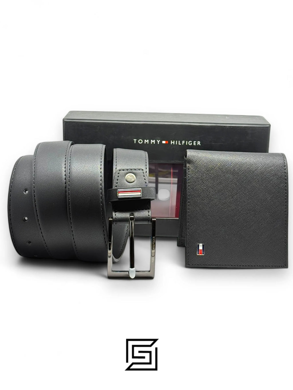 leather TOMMY SET BELTS AND WALLET BLACK WALLET WITH LOGO ON RIGHT BLACK BELT