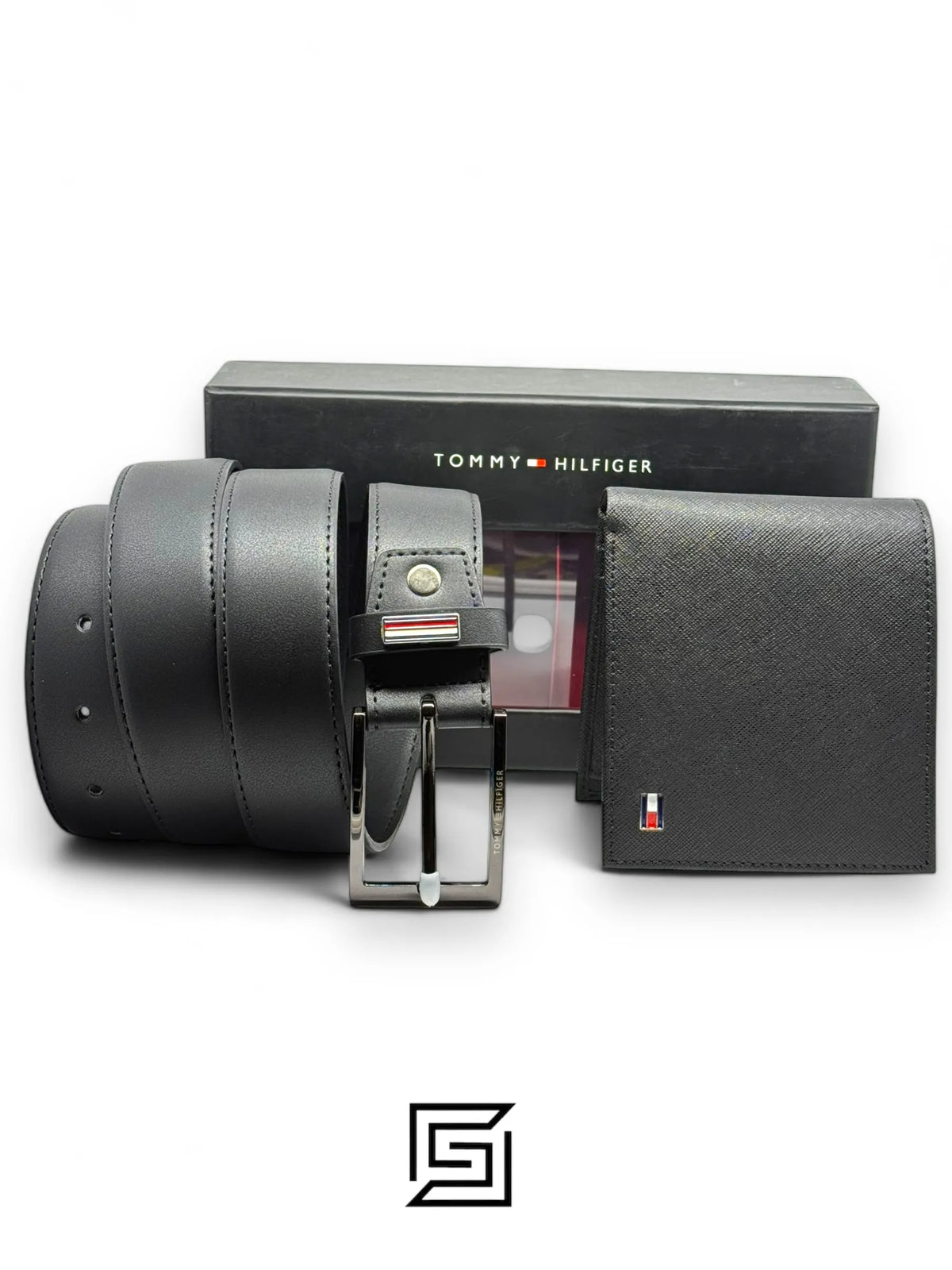 leather TOMMY SET BELTS AND WALLET BLACK WALLET WITH LOGO ON RIGHT BLACK BELT