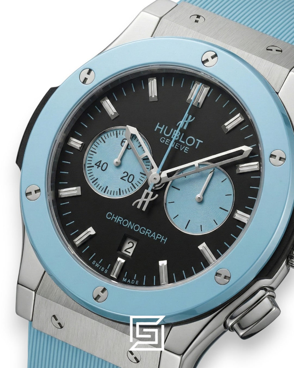 Hublot Classic Fusion Chronograph – Black Dial with Baby Blue Strap (38mm)