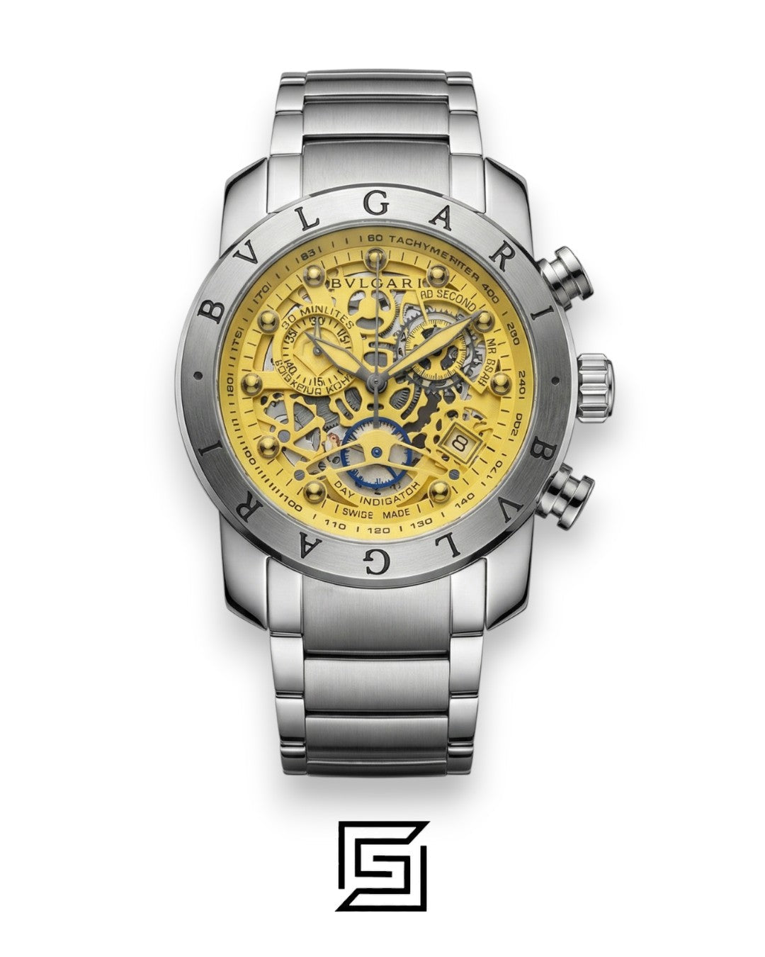 Bvlgari Chronograph Skeleton White Dial Yellow Reflective Glass Stainless Band Men’s Watch