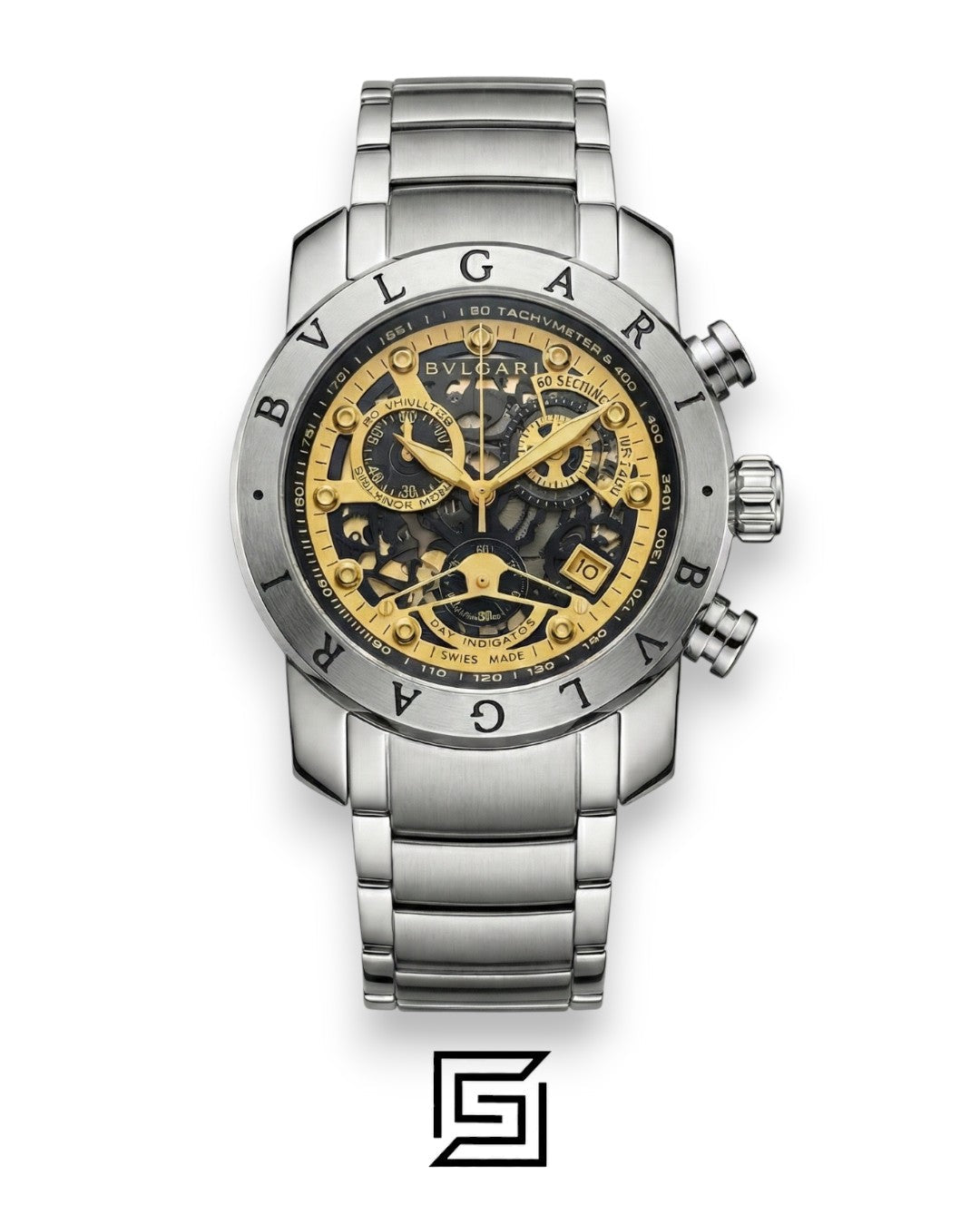 Bvlgari Chronograph Skeleton Black Dial Yellow Reflective Glass Stainless Band Men’s Watch