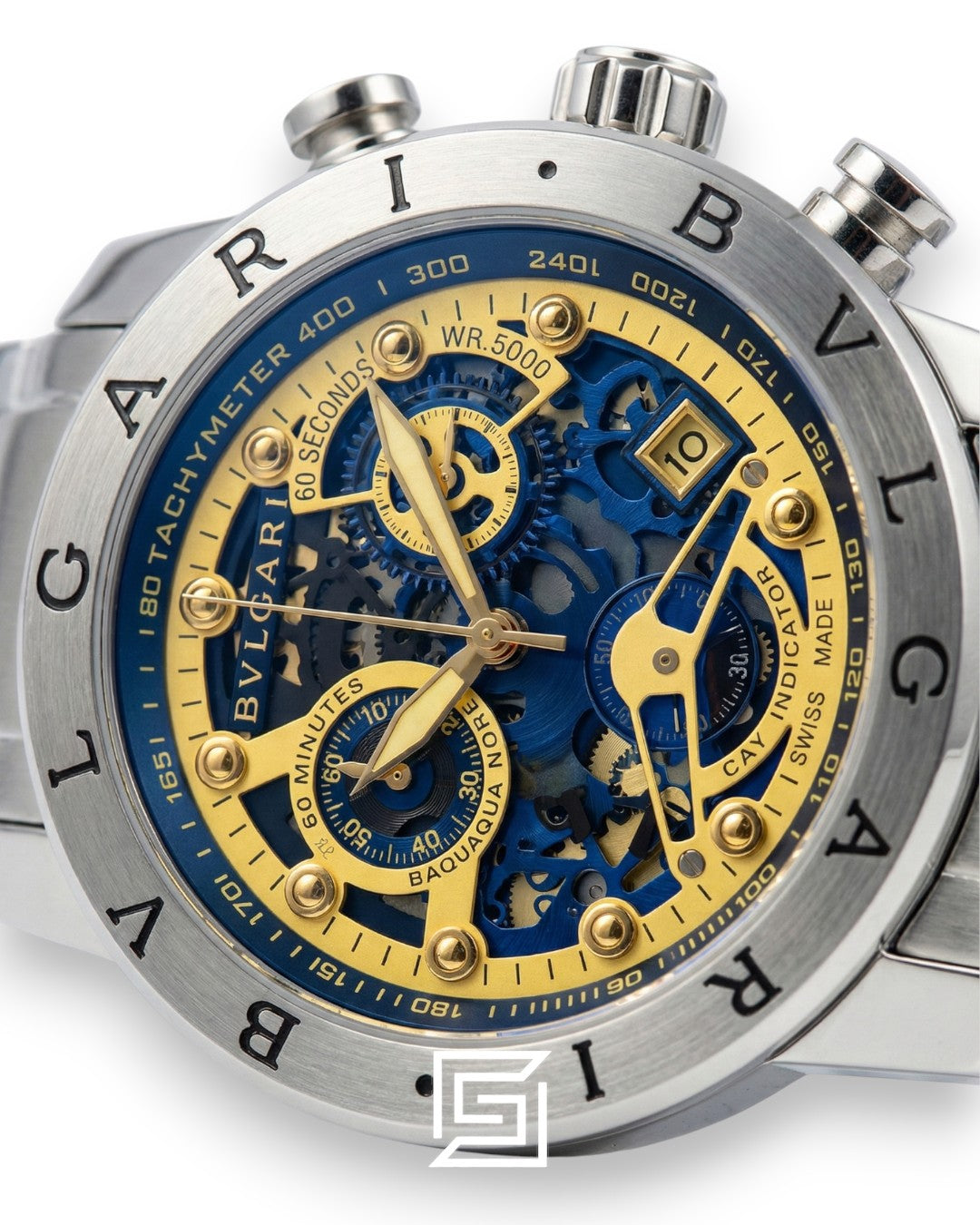 Bvlgari Chronograph Skeleton Black Dial Yellow Reflective Glass Stainless Band Men’s Watch