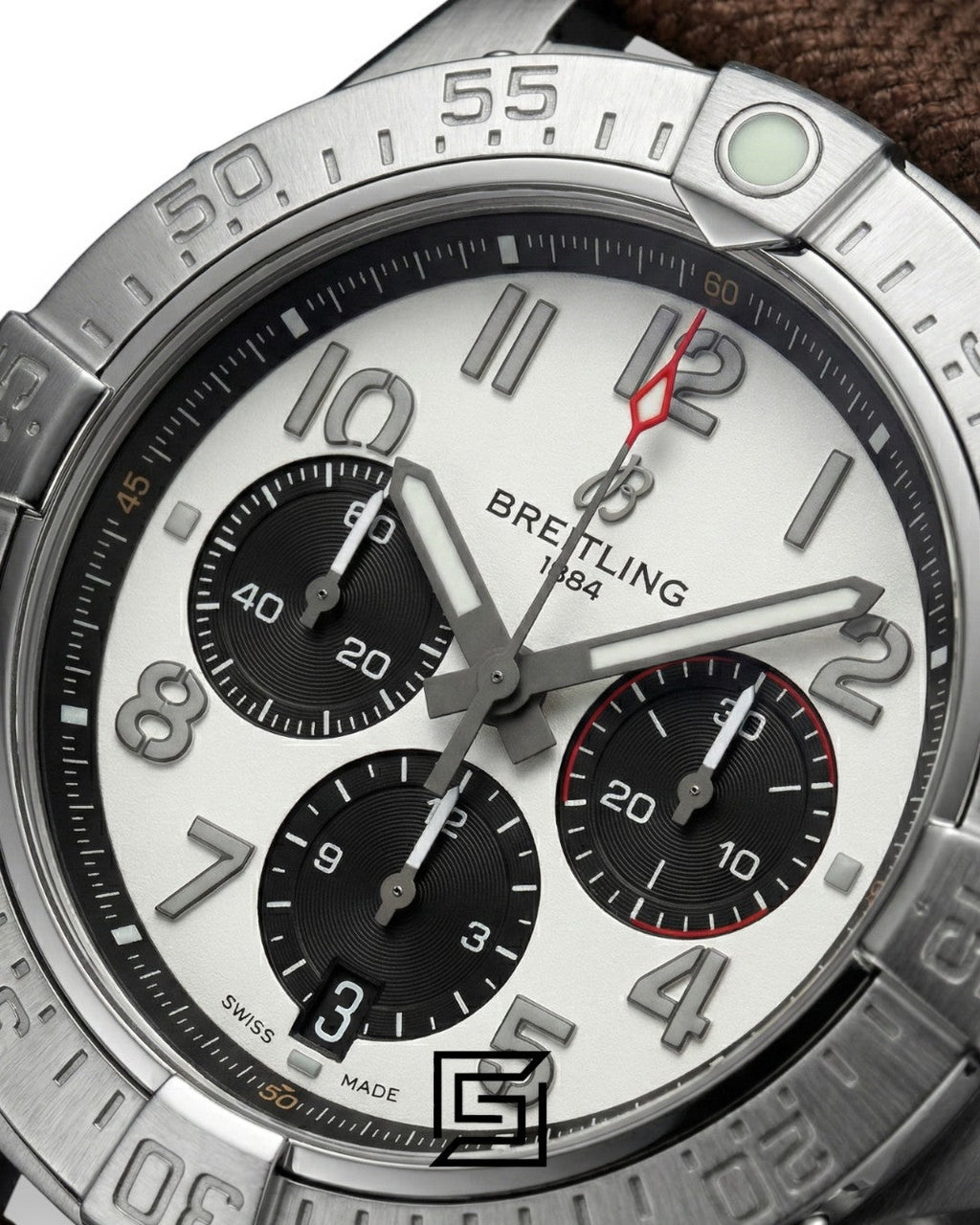 Breitling Chronograph Silver Panda Dial Brown Fabric Strap Men’s Watch