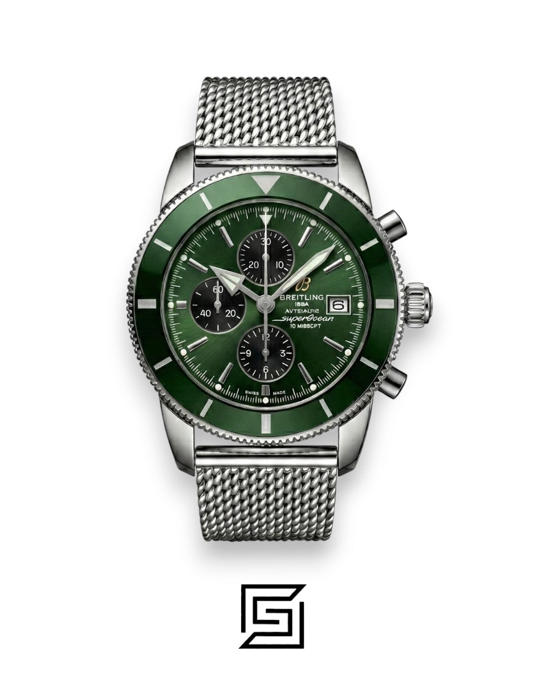 ساعة Breitling Superocean Chronograph – ميناء أخضر – سوار شبكي – حركة كوارتز يابانية