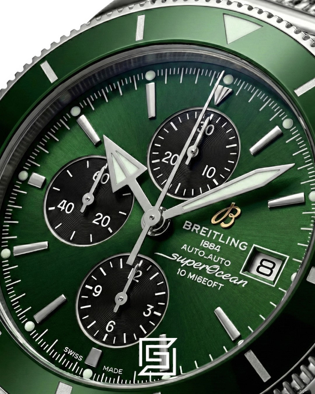 ساعة Breitling Superocean Chronograph – ميناء أخضر – سوار شبكي – حركة كوارتز يابانية