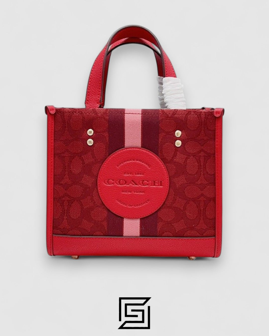 Dempsey Signature Jacquard Tote with Coach Stripe and Patch Red Style No. C8448 Big Size