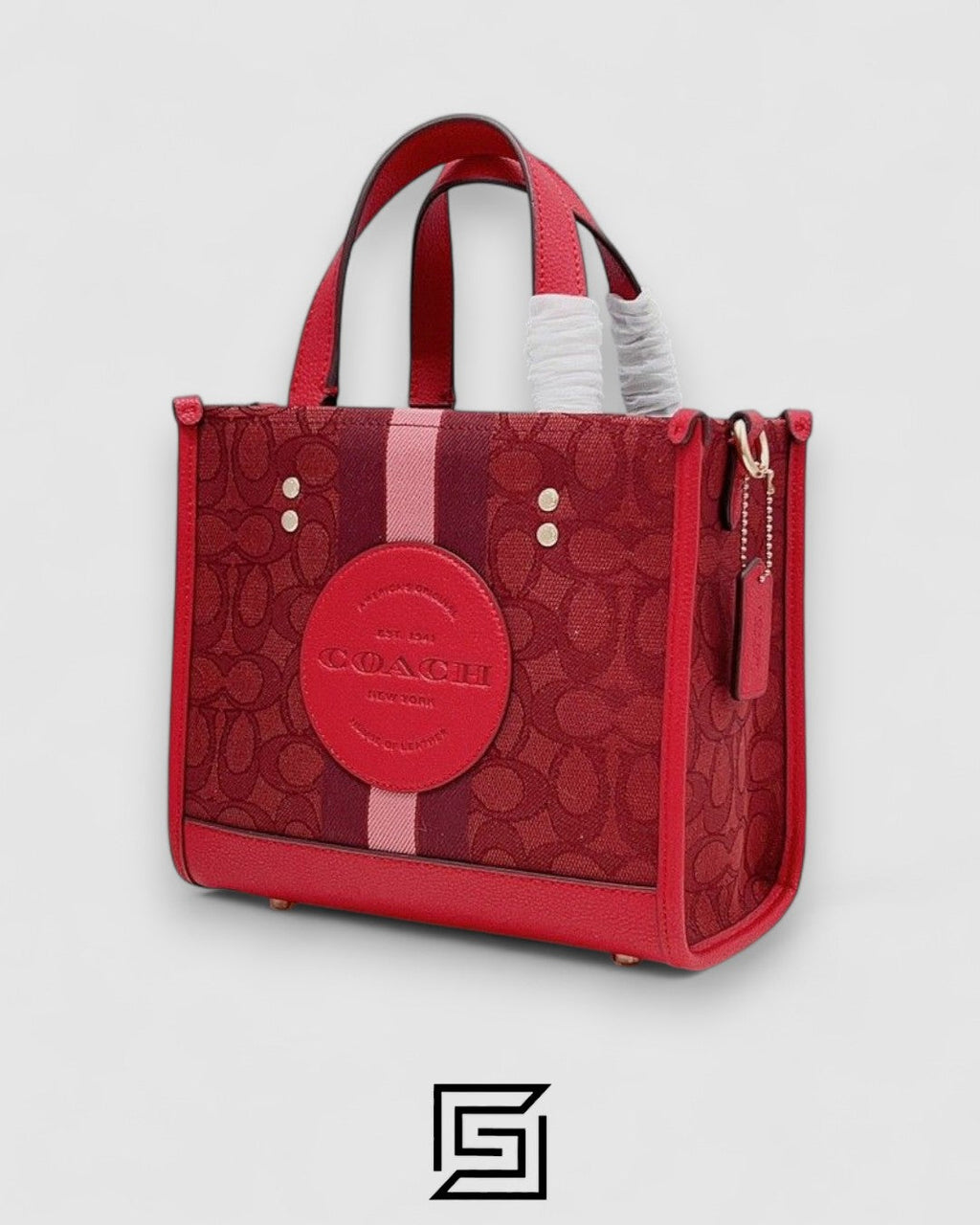 Dempsey Signature Jacquard Tote with Coach Stripe and Patch Red Style No. C8448 Big Size