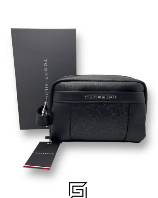 Bags,Leather,Men Tommy Hilfiger leather Tommy Handbag BOX Tommy METAL LOGO on TOP HARD PATTIERN/BLACK Tommy Hilfiger