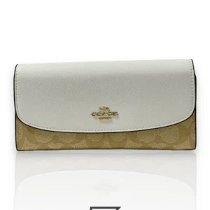 Leather,Wallets,Women wallets Coach Women’s Wallet - Khaki Chalk Slim Envelope in Signature Coated Canvas and Leather Flap F54022 Coach