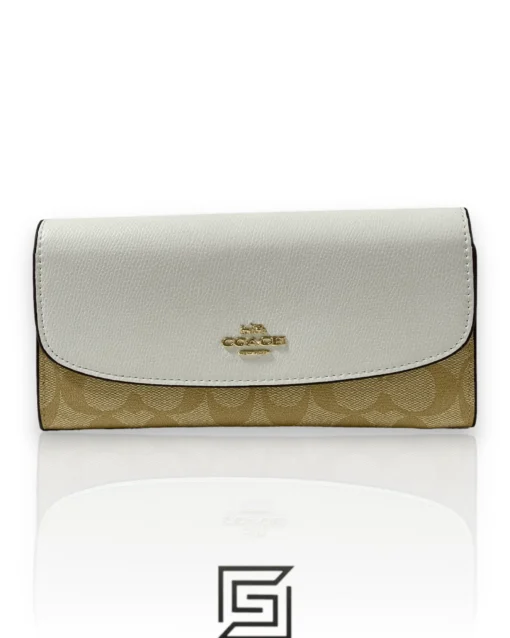 Leather,Wallets,Women wallets Coach Women’s Wallet - Khaki Chalk Slim Envelope in Signature Coated Canvas and Leather Flap F54022 Coach
