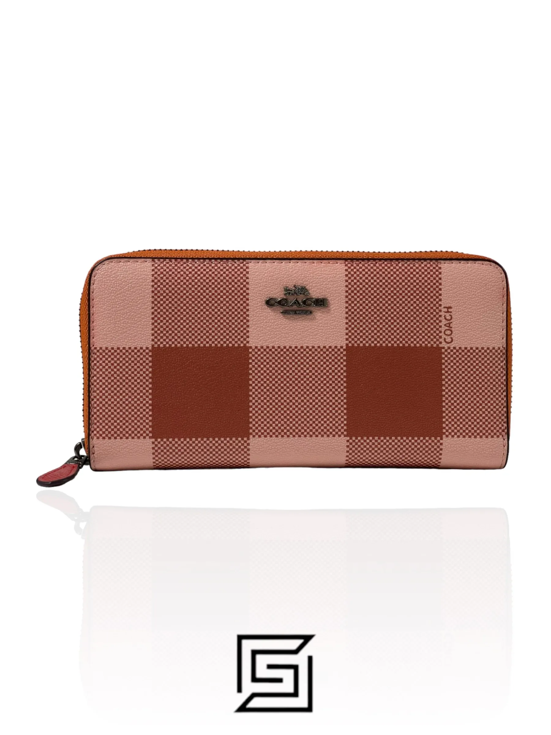 Leather,Wallets,Women wallets COACH ACCORDION ZIP WALLET WITH BUFFALO PLAID PRINT Pink F25966 Coach