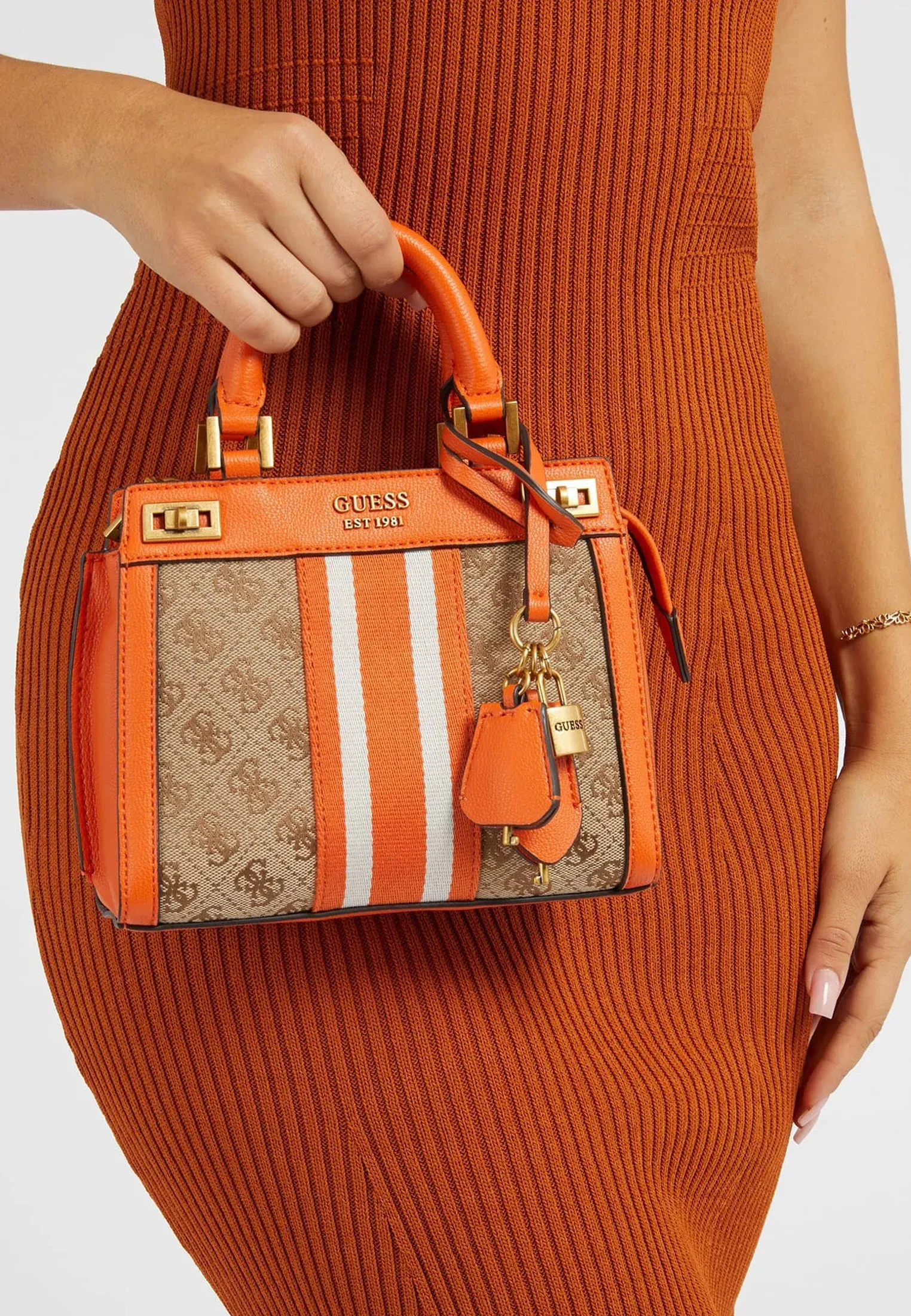 Bags,Leather,Women Guess leather Katey Jacquard Logo Mini Satchel Orange Guess