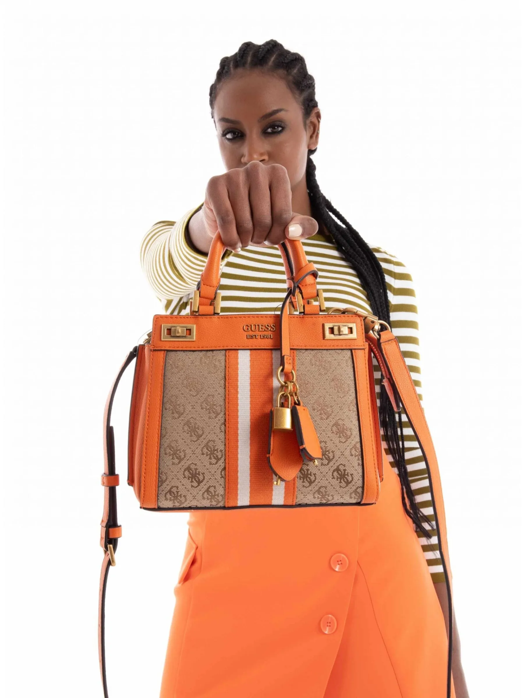 Bags,Leather,Women Guess leather Katey Jacquard Logo Mini Satchel Orange Guess