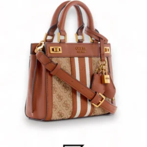 Bags,Leather,Women Guess leather Katey Jacquard Logo Mini Satchel Brown Guess