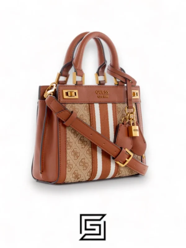 Bags,Leather,Women Guess leather Katey Jacquard Logo Mini Satchel Brown Guess