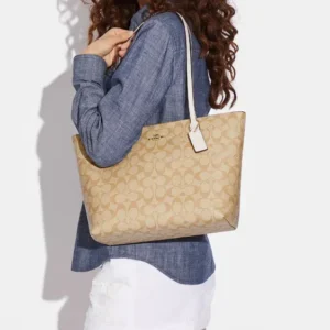 Bags,Leather,Women leather Coach Zip Top Tote In Signature Canvas White 4455 Coach
