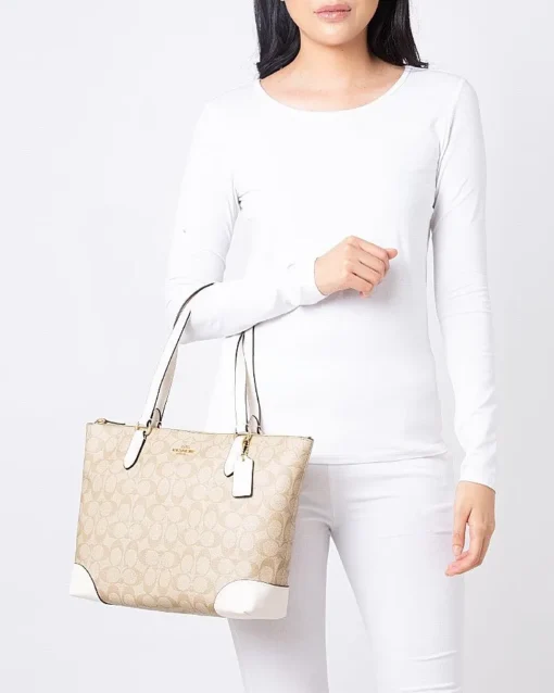 Bags,Leather,Women Coach leather Zip Top Tote In Signature Canvas White F29208 Coach