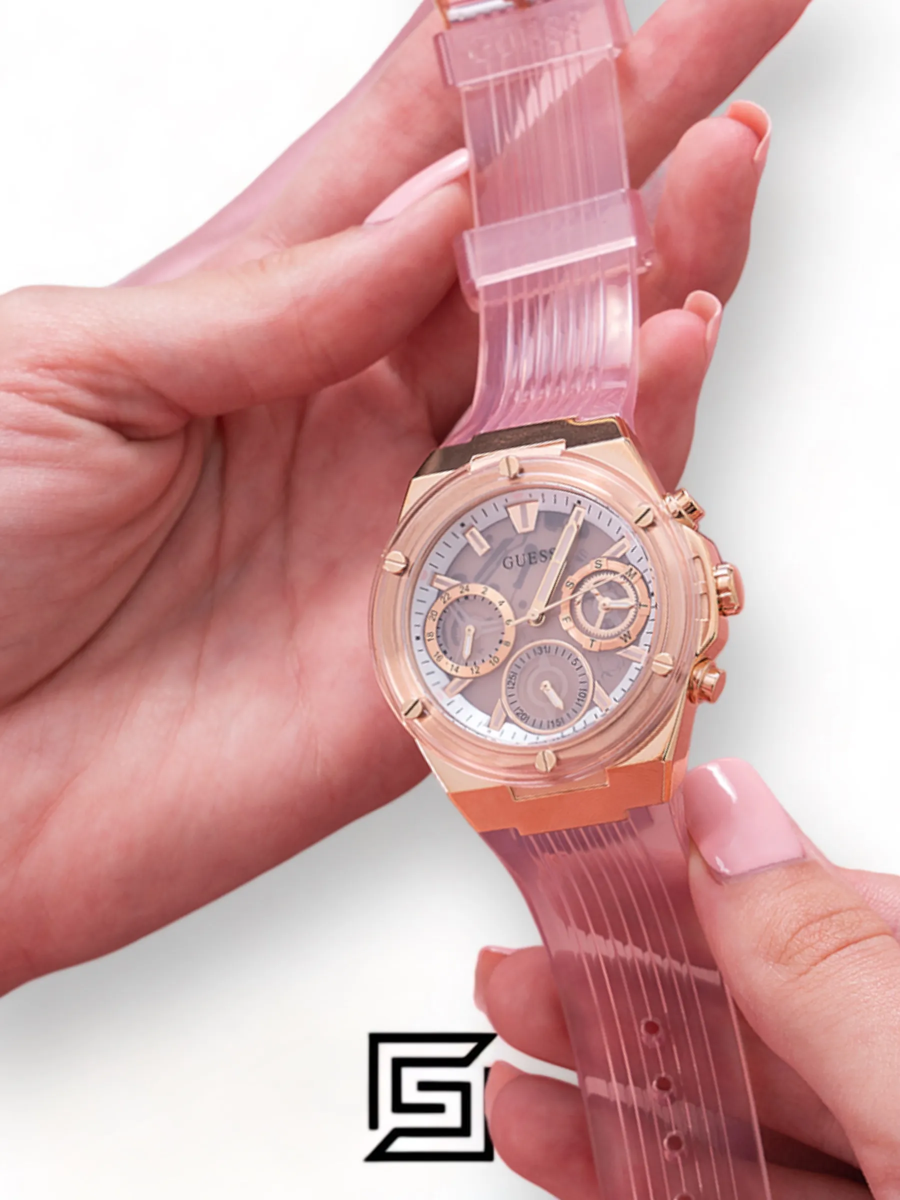 Original Watches,Women Guess original-watches Women's Pink Dial PU Multi-Function Watch GW0409L3 Guess