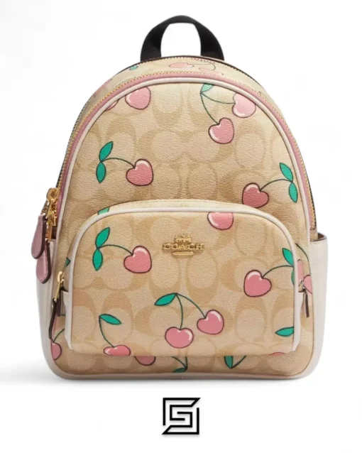 Bags,Leather,Women Coach leather Mini Court Backpack In Signature Canvas With Heart Cherry Print Style No. CF424 Coach