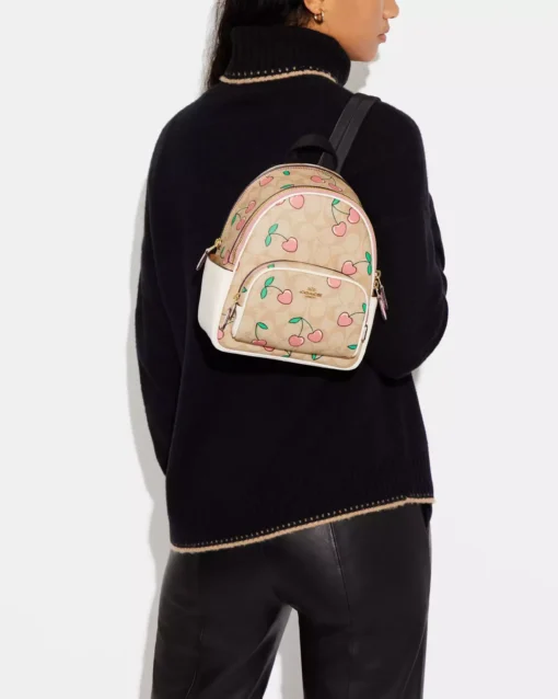 Bags,Leather,Women Coach leather Mini Court Backpack In Signature Canvas With Heart Cherry Print Style No. CF424 Coach