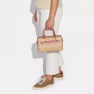 Bags,Leather,Women Coach leather Rowan Satchel Bag In Signature Canvas With Stripe Heart Print Style No. CA248 Coach