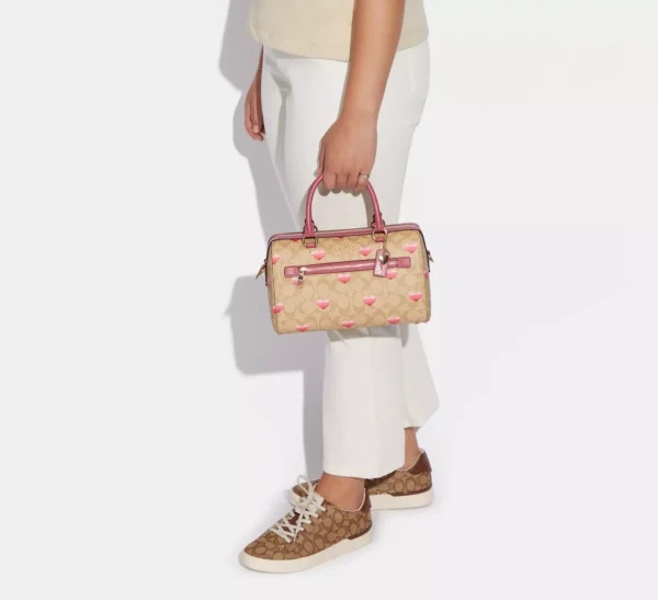 Bags,Leather,Women Coach leather Rowan Satchel Bag In Signature Canvas With Stripe Heart Print Style No. CA248 Coach