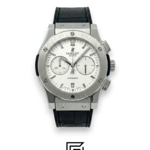 The Hublot Classic Fusion White offers a stunning silver and white design. Features reliable Japanese Movement and a durable rubber strap for daily luxury.