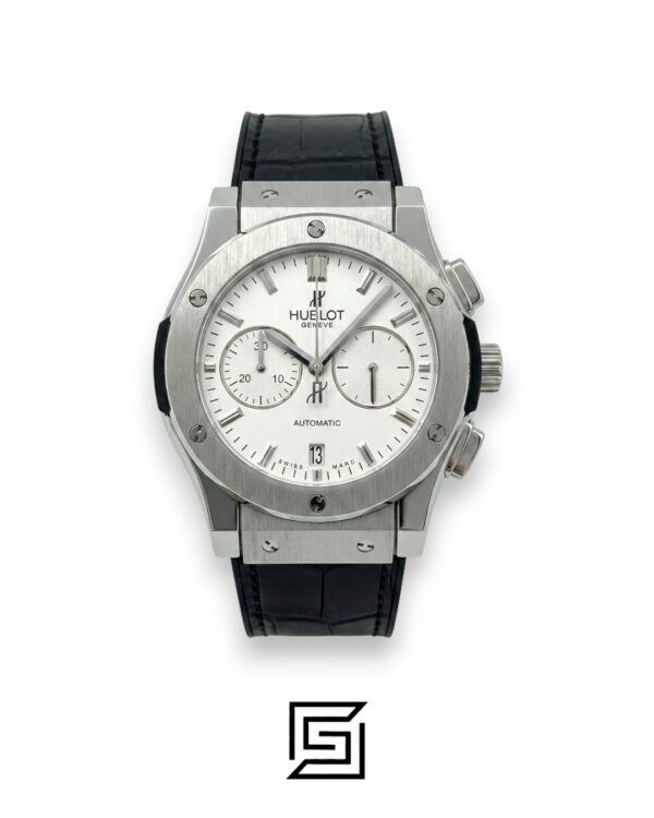 The Hublot Classic Fusion White offers a stunning silver and white design. Features reliable Japanese Movement and a durable rubber strap for daily luxury.