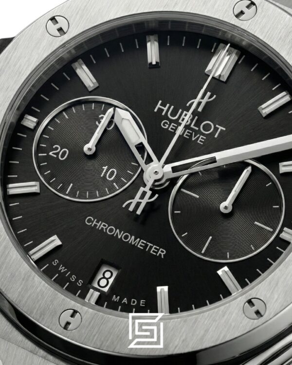 Hublot Classic Fusion Chronograph - Silver - Black Dial - Brown Chamois Strap