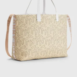Bags,Leather,Women Tommy Hilfiger leather ICONIC MONOGRAM STRAW BEACH TOTE AW0AW11346 Tommy Hilfiger