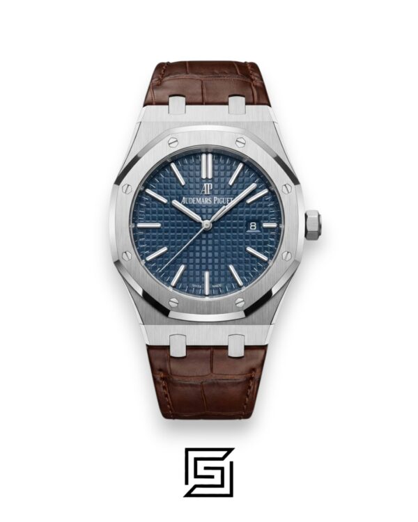 Audemars Piguet Royal Oak Blue Leather features a classic blue dial and brown strap. Discover refined luxury with this timepiece from ELSWEFY.