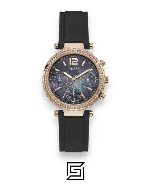 GUESS MEN ROSE  GOLD TONE Analog  RUBERR BLACK BAND Watch GW0113L2