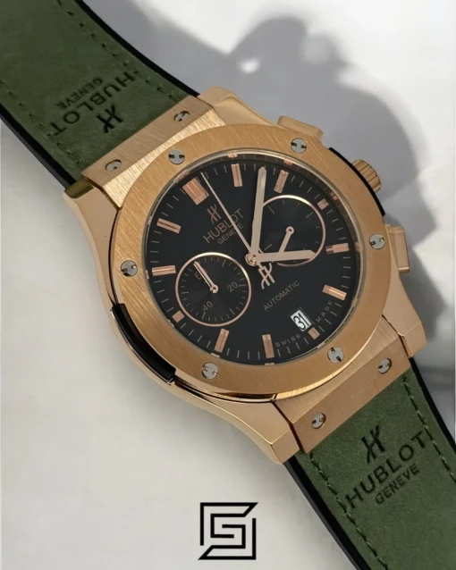 Men,Watches watches HUBLOT CLASSIC NEW- Green Chamois Band- Black Dial - Rose Body Hublot