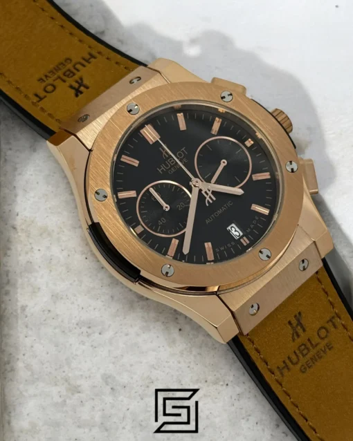 Men,Watches watches HUBLOT CLASSIC NEW- Brown Chamois Band - Black Dial - Rose Body Hublot