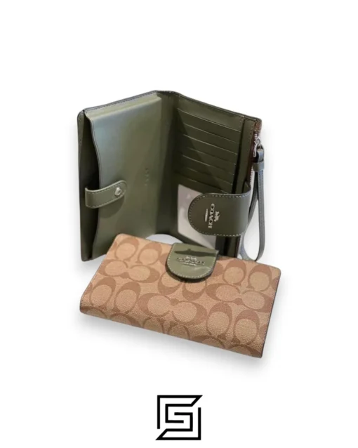 Leather,Wallets,Women Phone Wallet In Colorblock Signature Canvas Brown x Green Style No. C2874 Coach