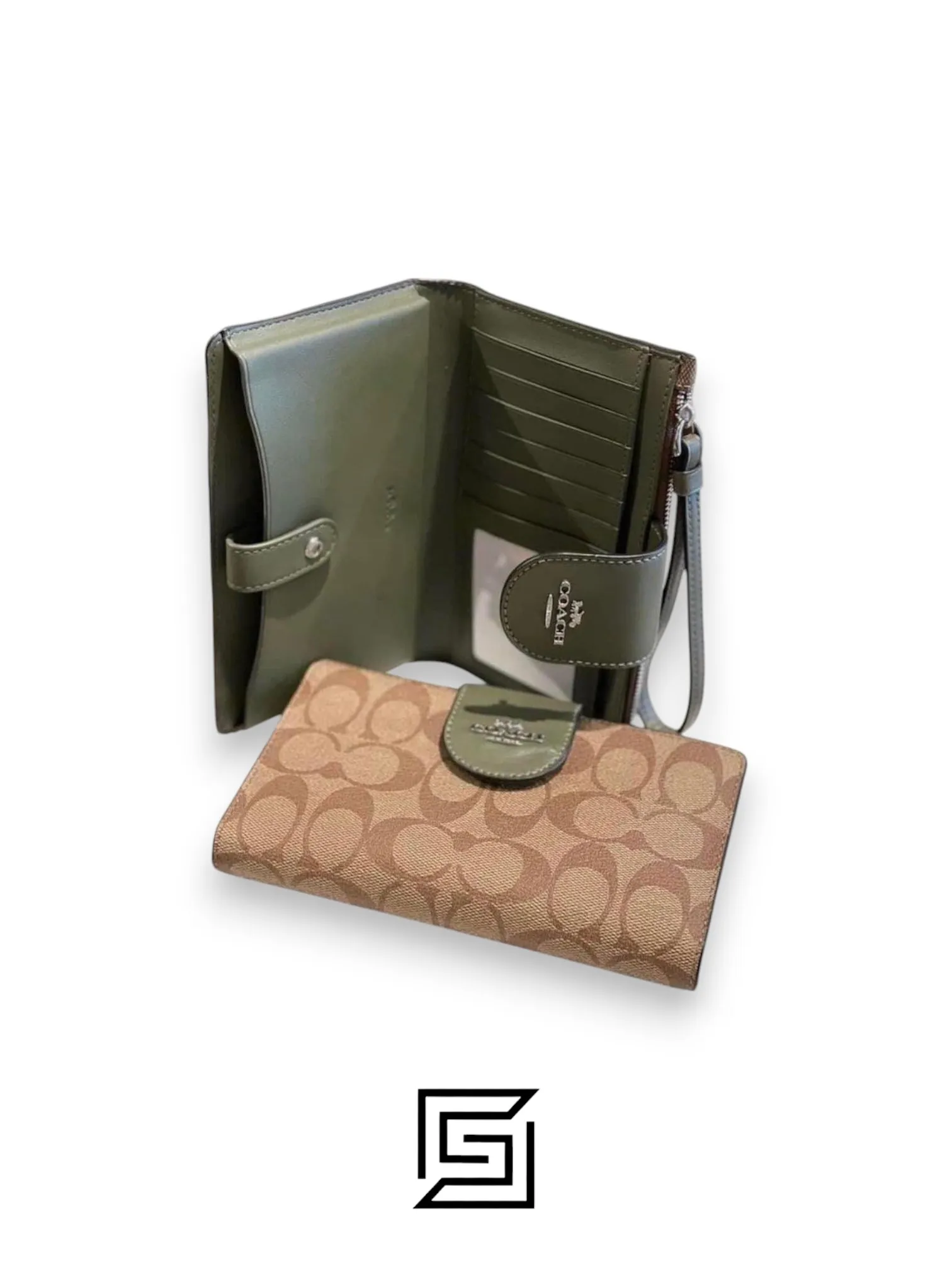 Leather,Wallets,Women Phone Wallet In Colorblock Signature Canvas Brown x Green Style No. C2874 Coach