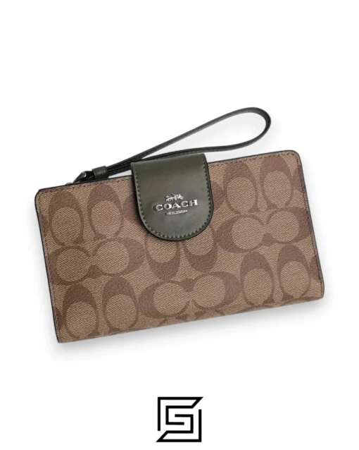 Leather,Wallets,Women Phone Wallet In Colorblock Signature Canvas Brown x Green Style No. C2874 Coach