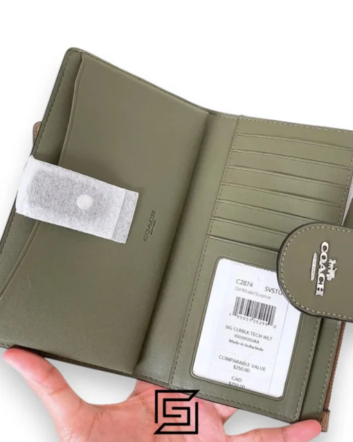 Leather,Wallets,Women Phone Wallet In Colorblock Signature Canvas Brown x Green Style No. C2874 Coach